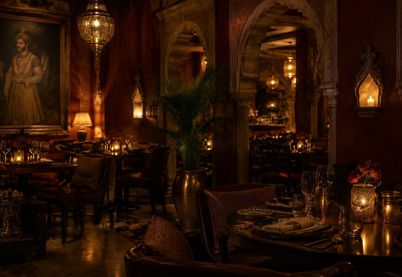 Candlelit dining room at Indian Masala